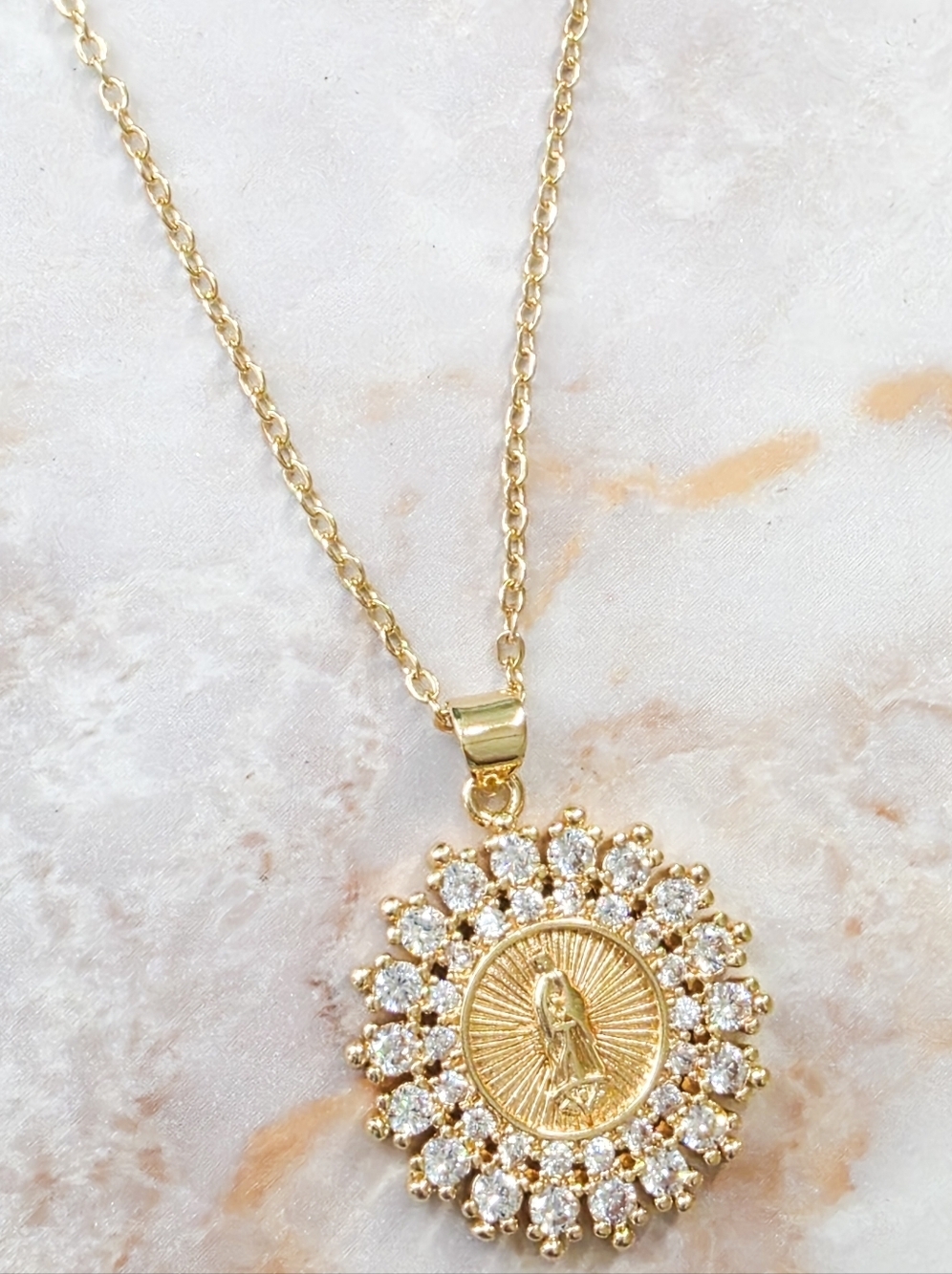 18K Gold Virgin Mary Medallion Necklace Micro Inlaid Zircon Halo NEW